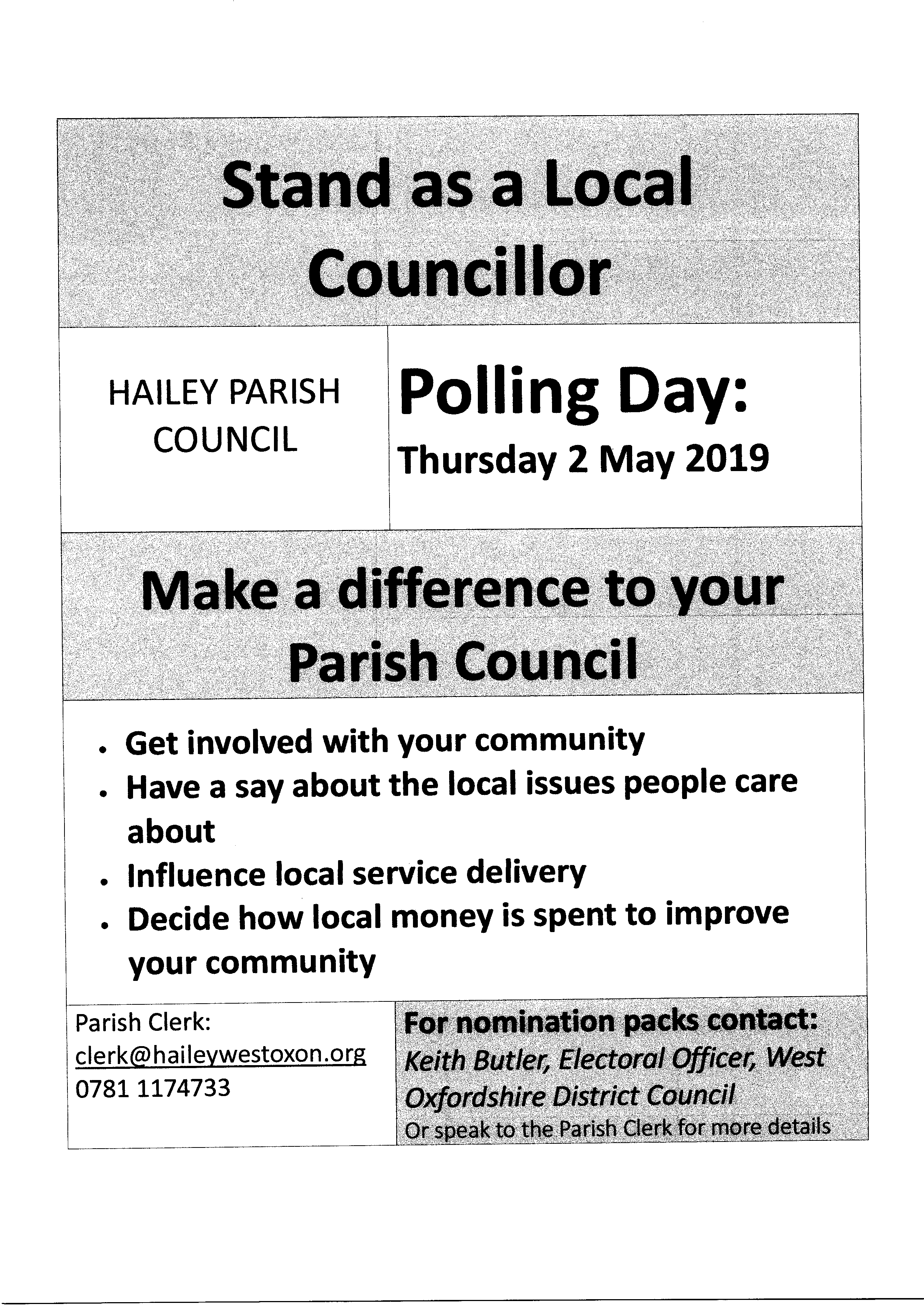 Stand as a Local Councillor, Hailey Parish Council